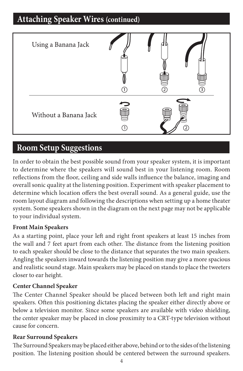 Room setup suggestions, Attaching speaker wires, Continued) | EMP Tek E41-B User Manual | Page 4 / 8