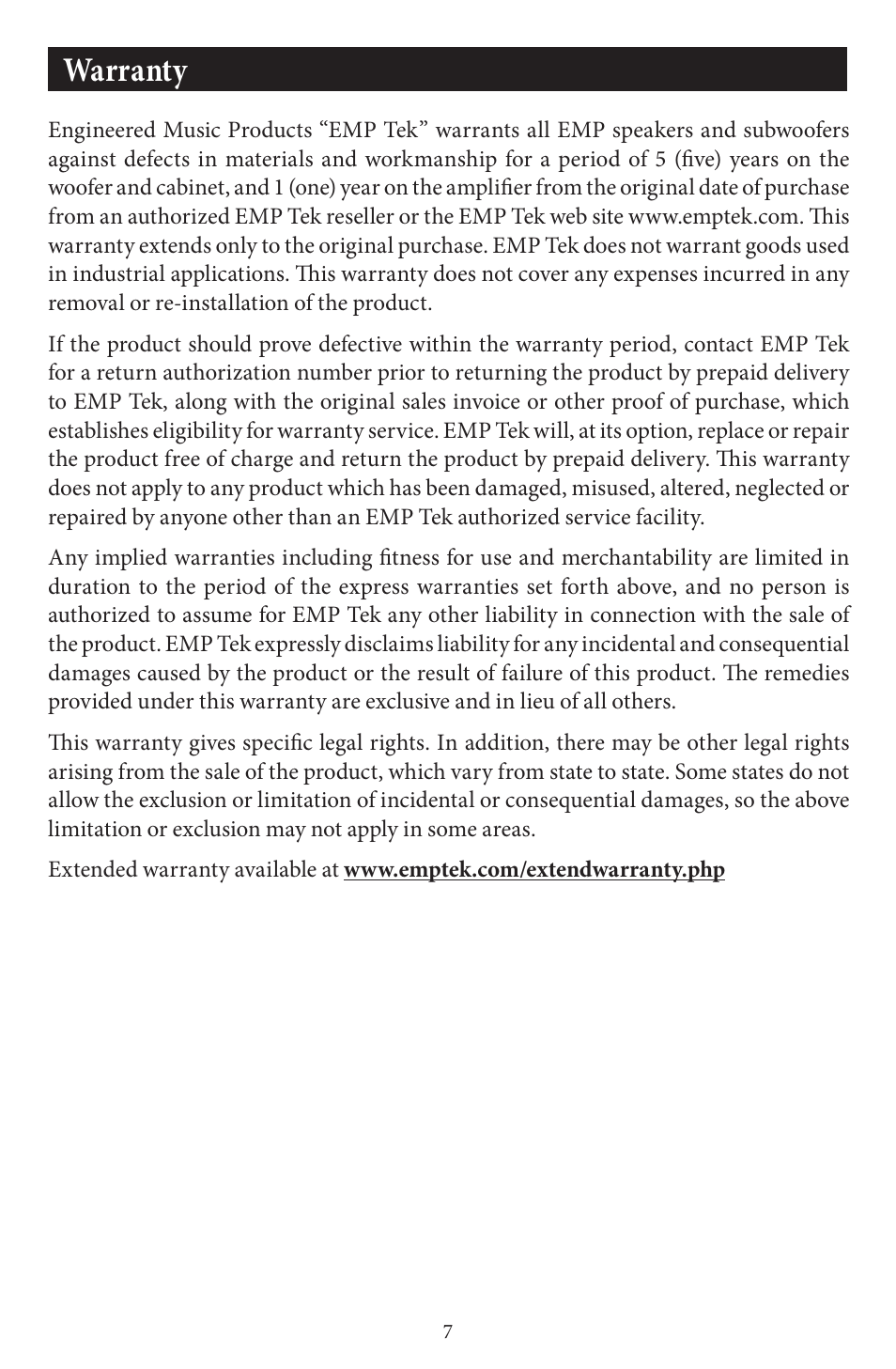 Warranty | EMP Tek E41-B User Manual | Page 7 / 8