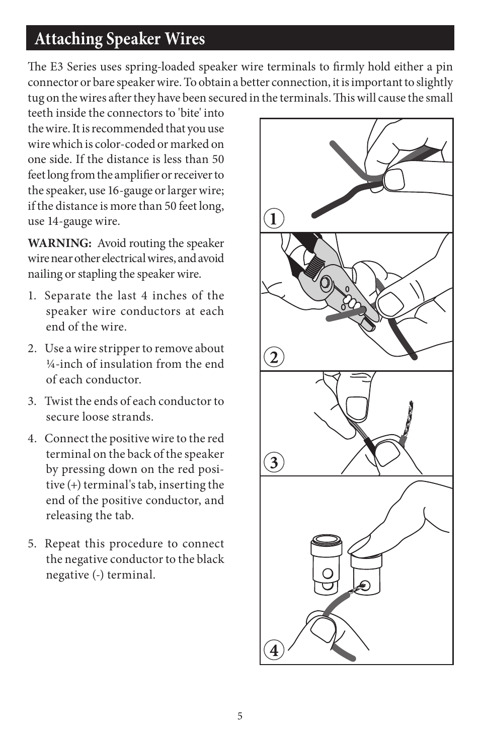 Attaching speaker wires | EMP Tek E3 Series Speakers User Manual | Page 5 / 12