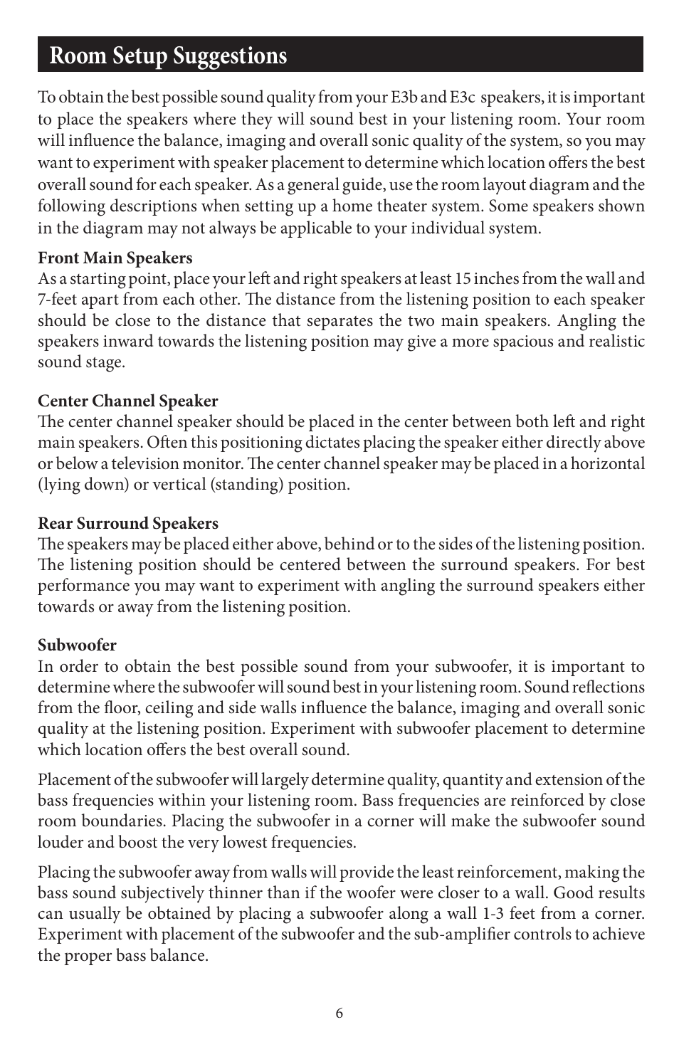Room setup suggestions | EMP Tek E3 Series Speakers User Manual | Page 6 / 12