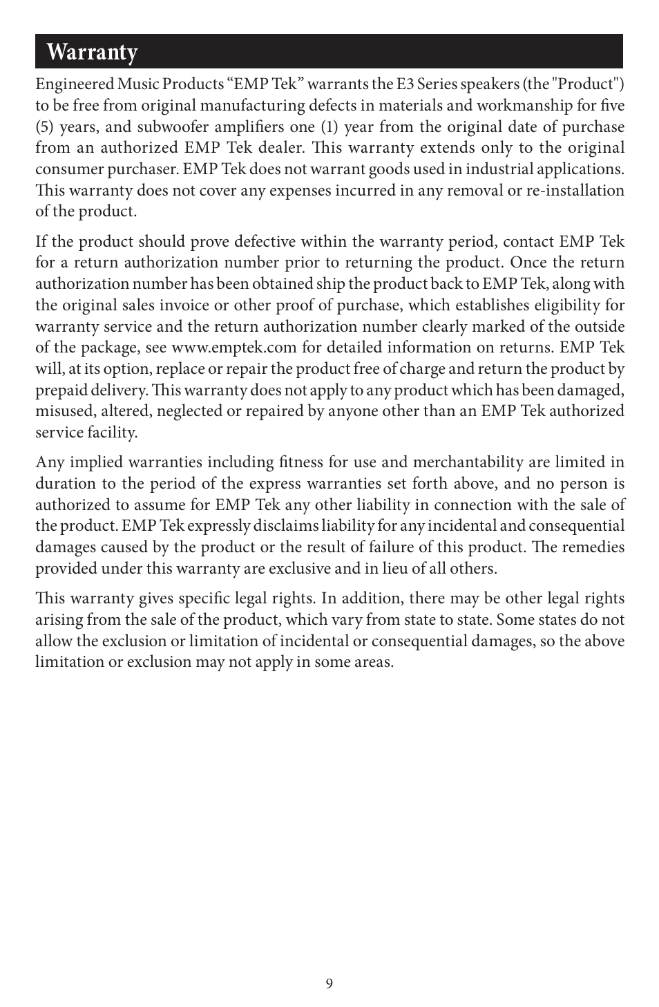 Warranty | EMP Tek E3 Series Speakers User Manual | Page 9 / 12