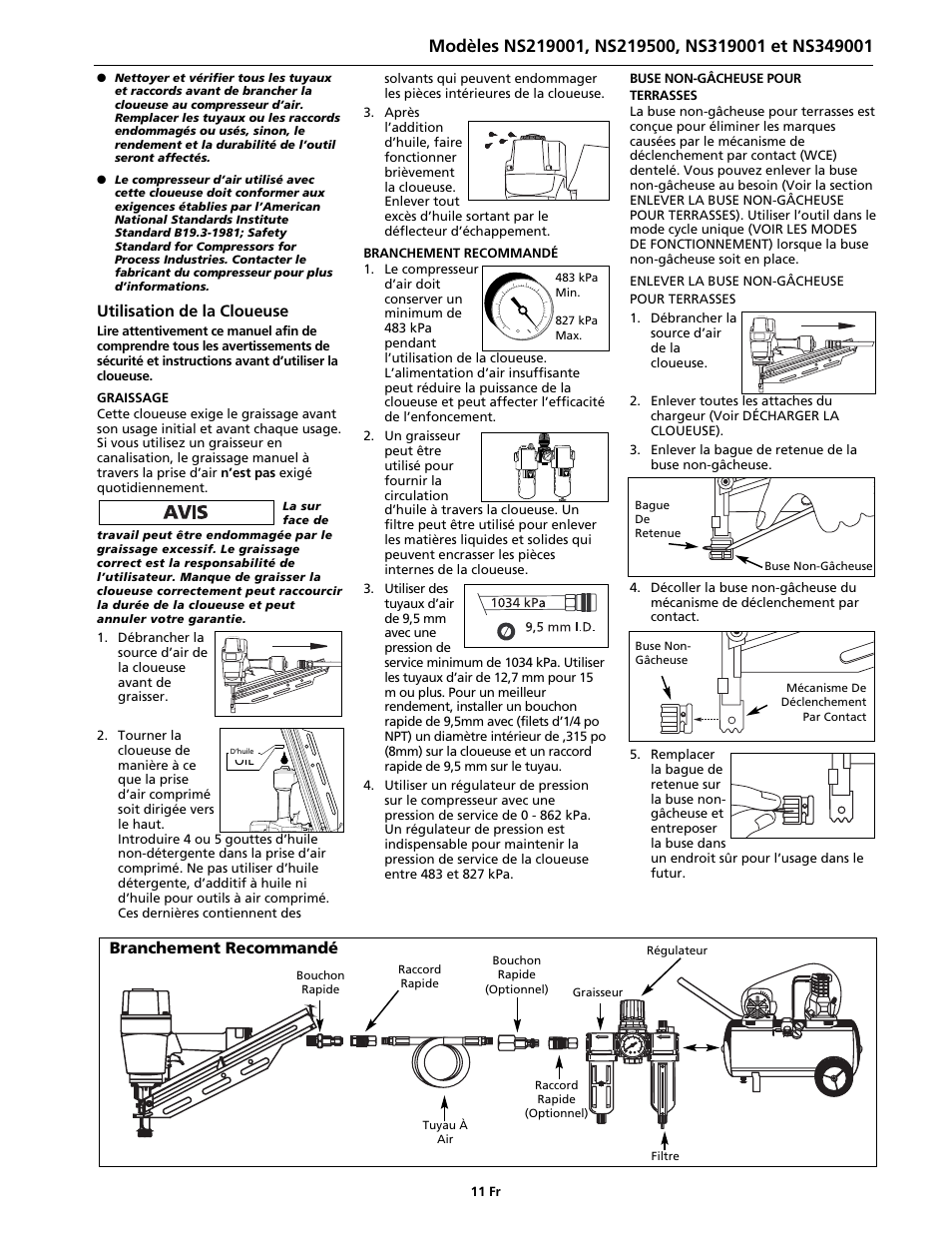 Utilisation de la cloueuse, Branchement recommandé | Campbell Hausfeld NS219500 User Manual | Page 11 / 24