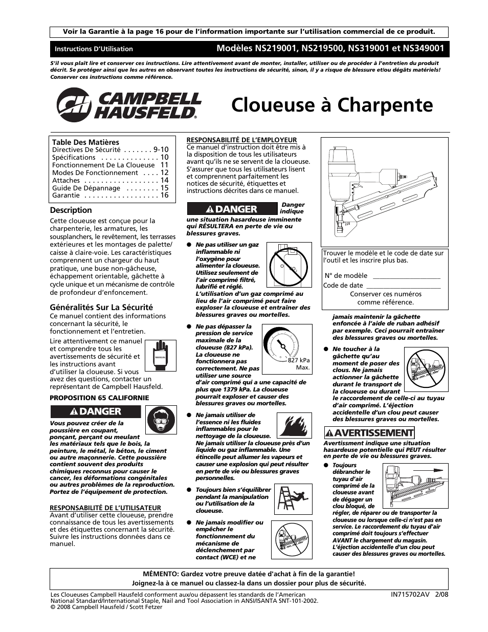 Cloueuse à charpente, Généralités sur la sécurité, Description | Campbell Hausfeld NS219500 User Manual | Page 9 / 24