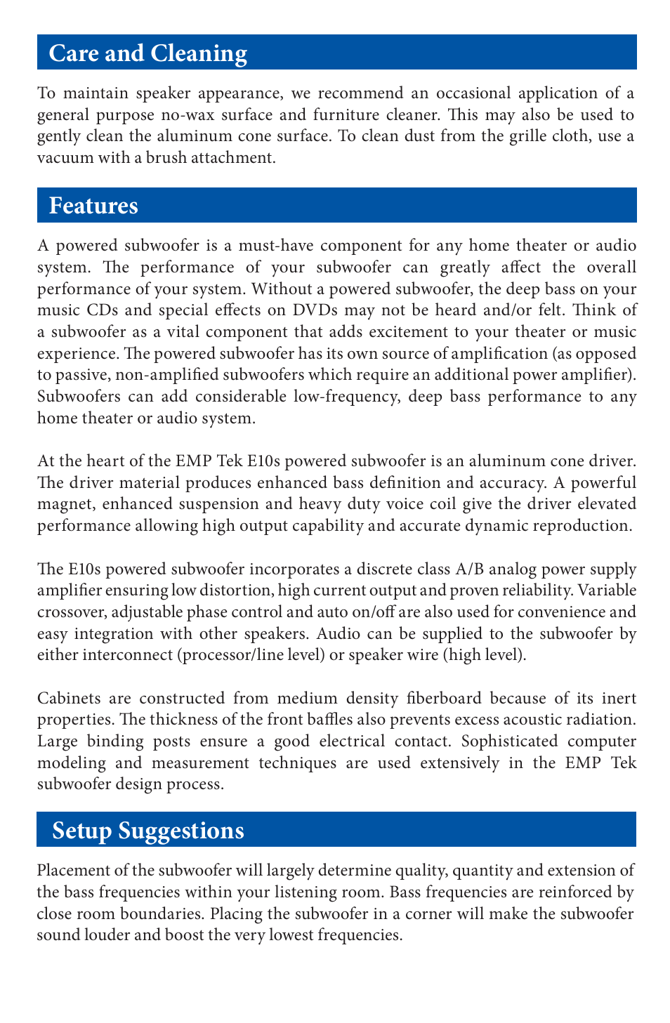 Care and cleaning, Features, Setup suggestions | EMP Tek E10s (100Watt) User Manual | Page 3 / 8