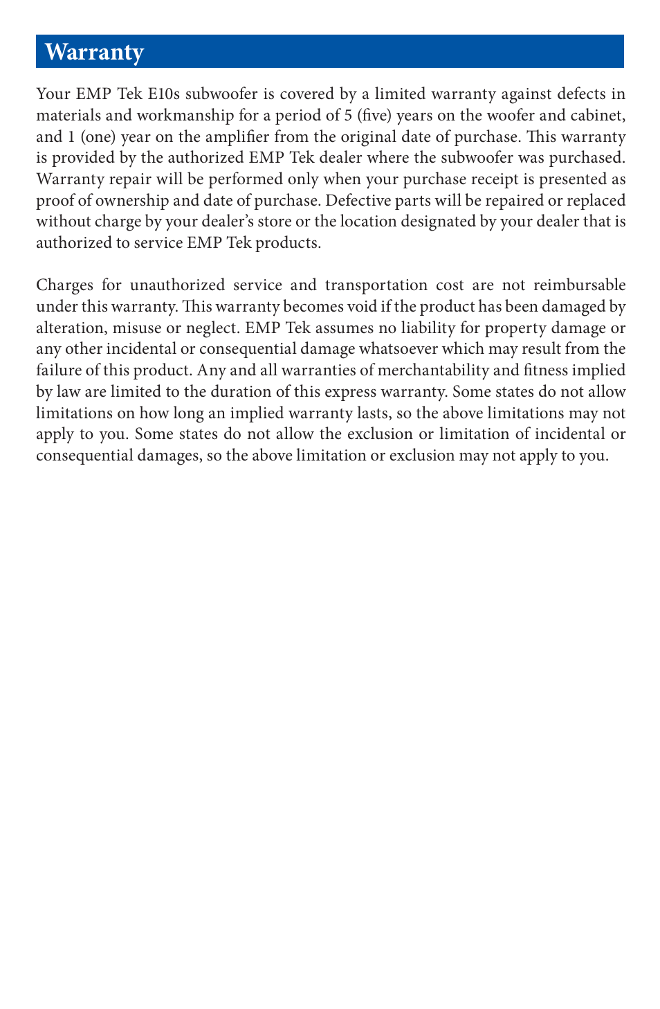 Warranty | EMP Tek E10s (100Watt) User Manual | Page 7 / 8