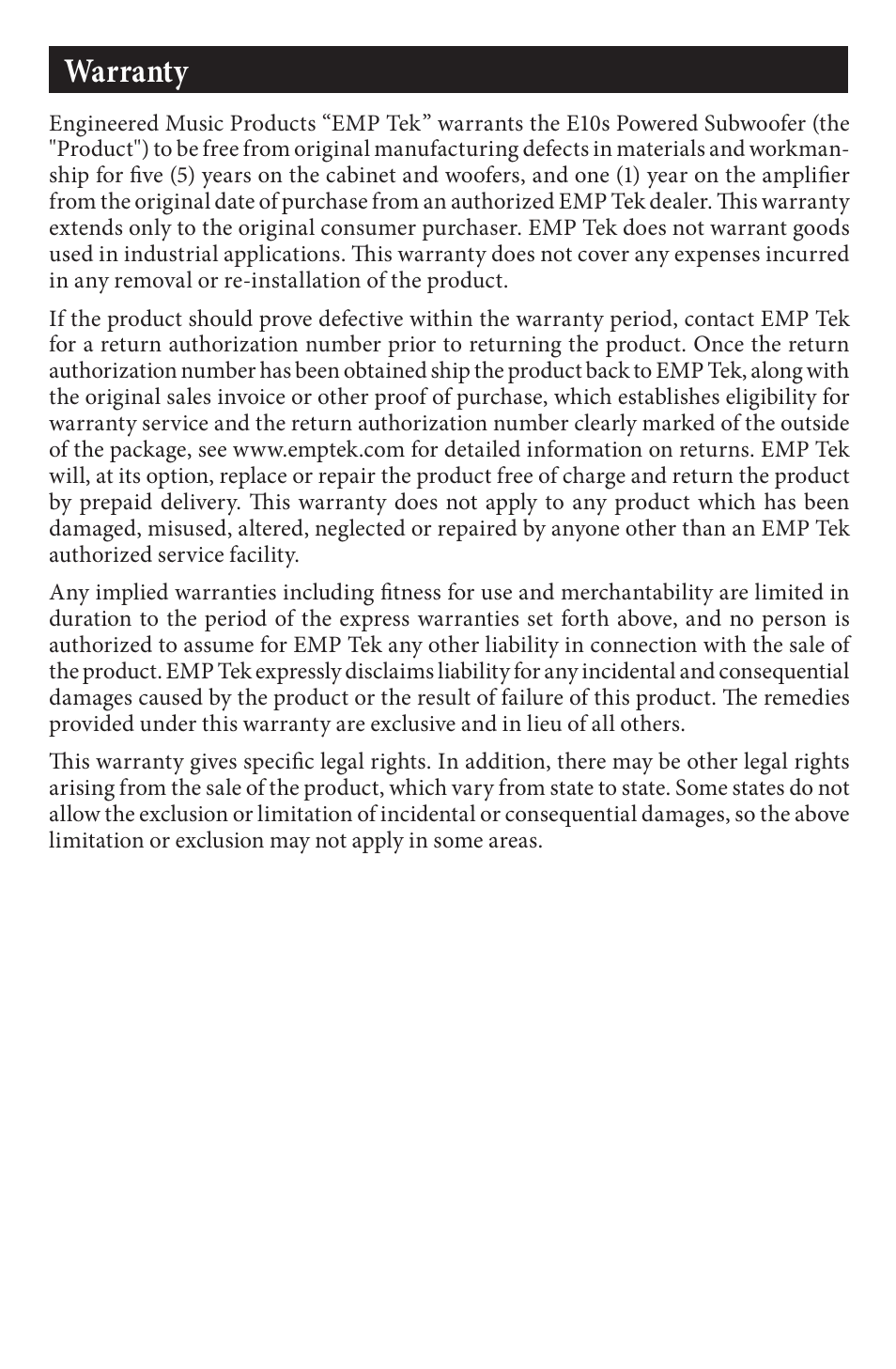 Warranty | EMP Tek E10s (150 Watt) User Manual | Page 11 / 12