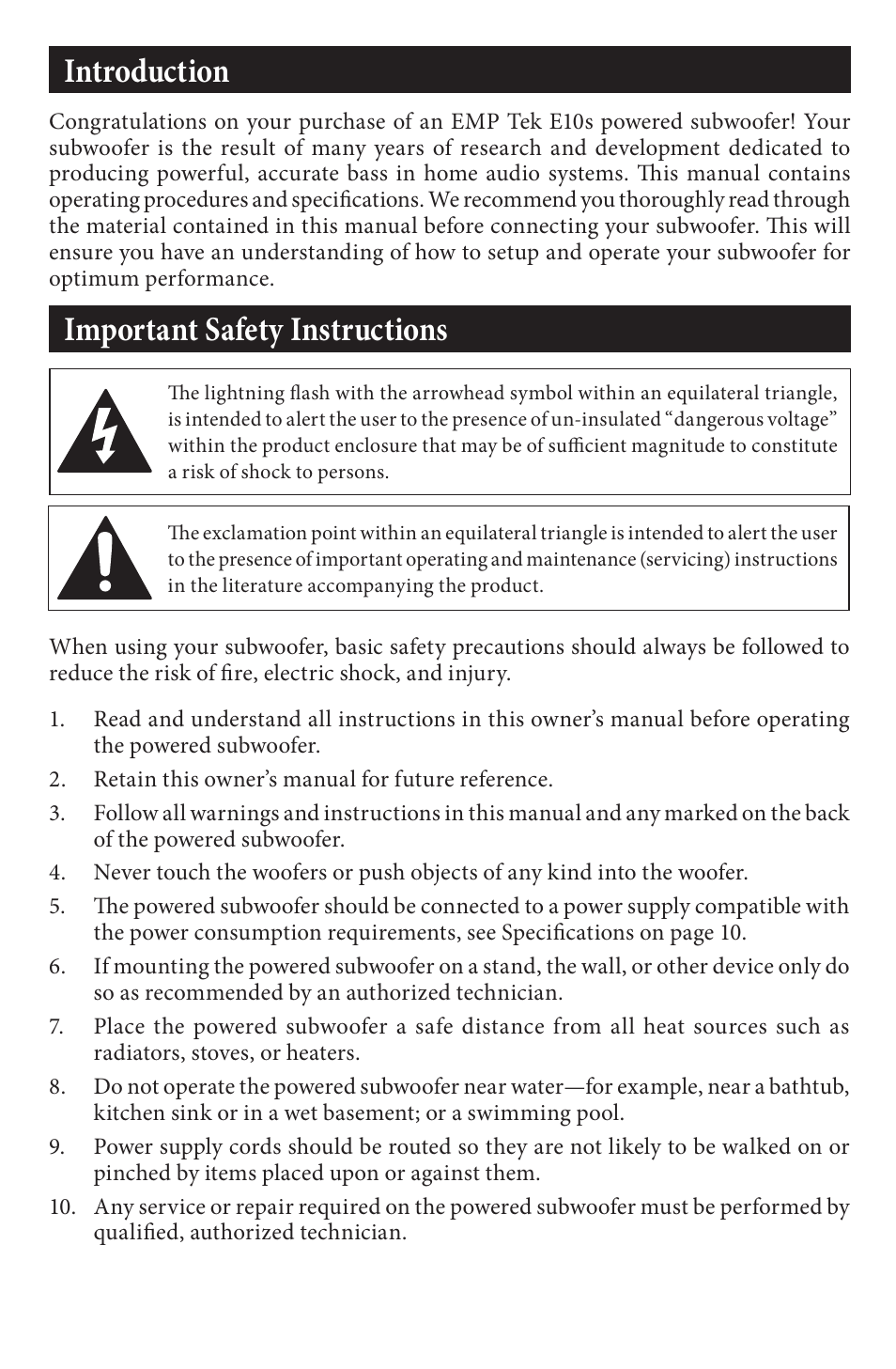 Introduction important safety instructions | EMP Tek E10s (150 Watt) User Manual | Page 3 / 12