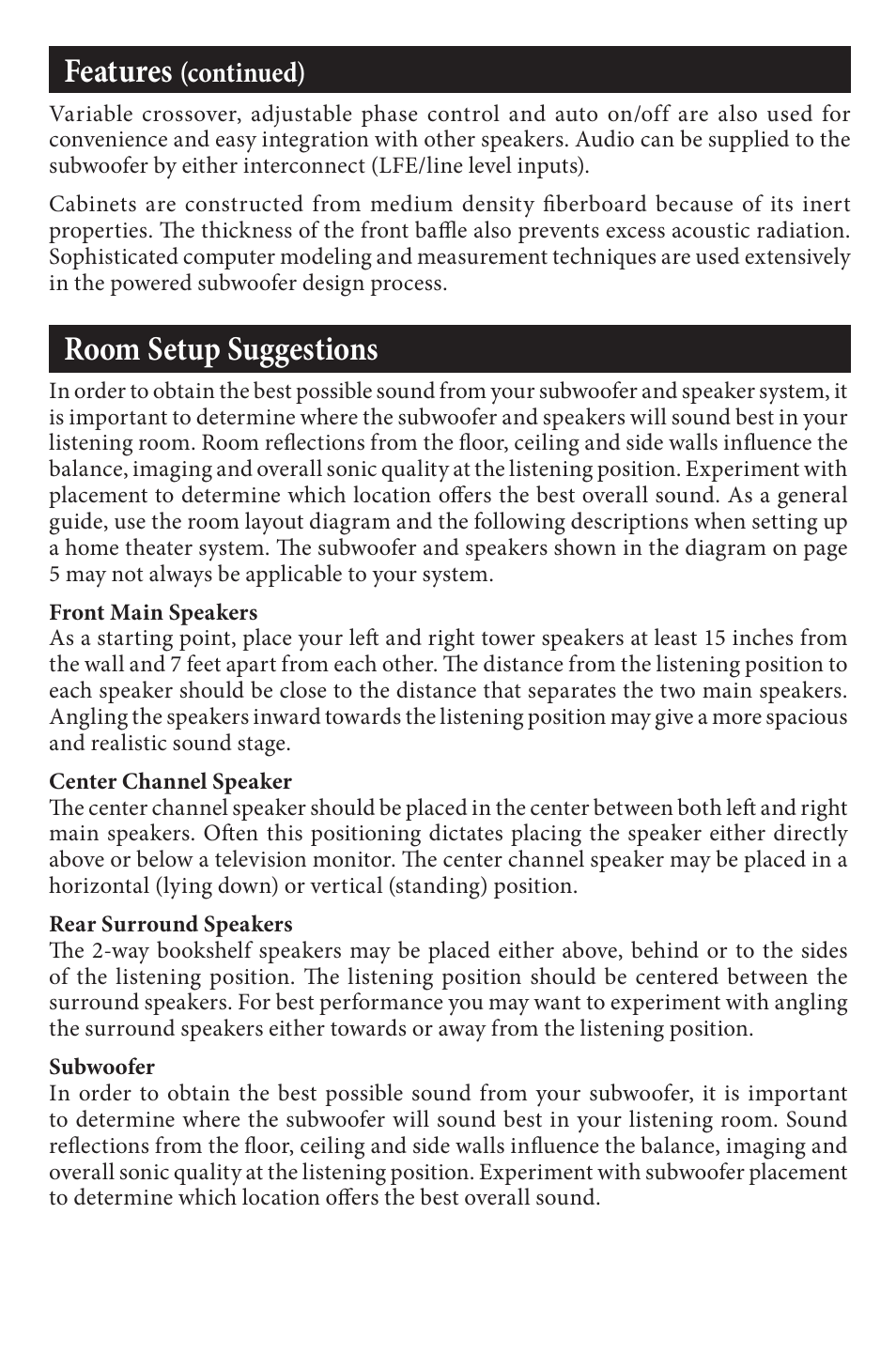 Features, Room setup suggestions, Continued) | EMP Tek E10s (150 Watt) User Manual | Page 5 / 12