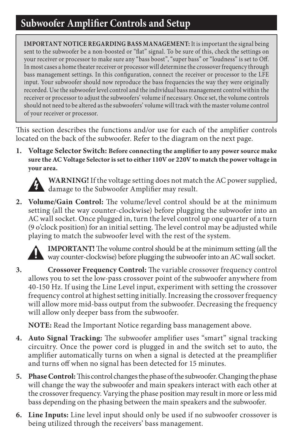 Subwoofer amplifier controls and setup | EMP Tek E10s (150 Watt) User Manual | Page 7 / 12