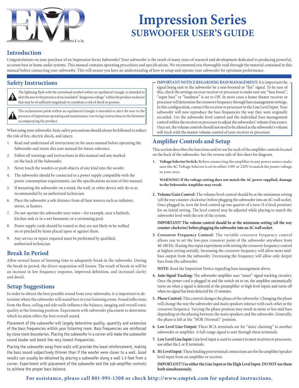 EMP Tek Impressions Series Subwoofer User Manual | 2 pages