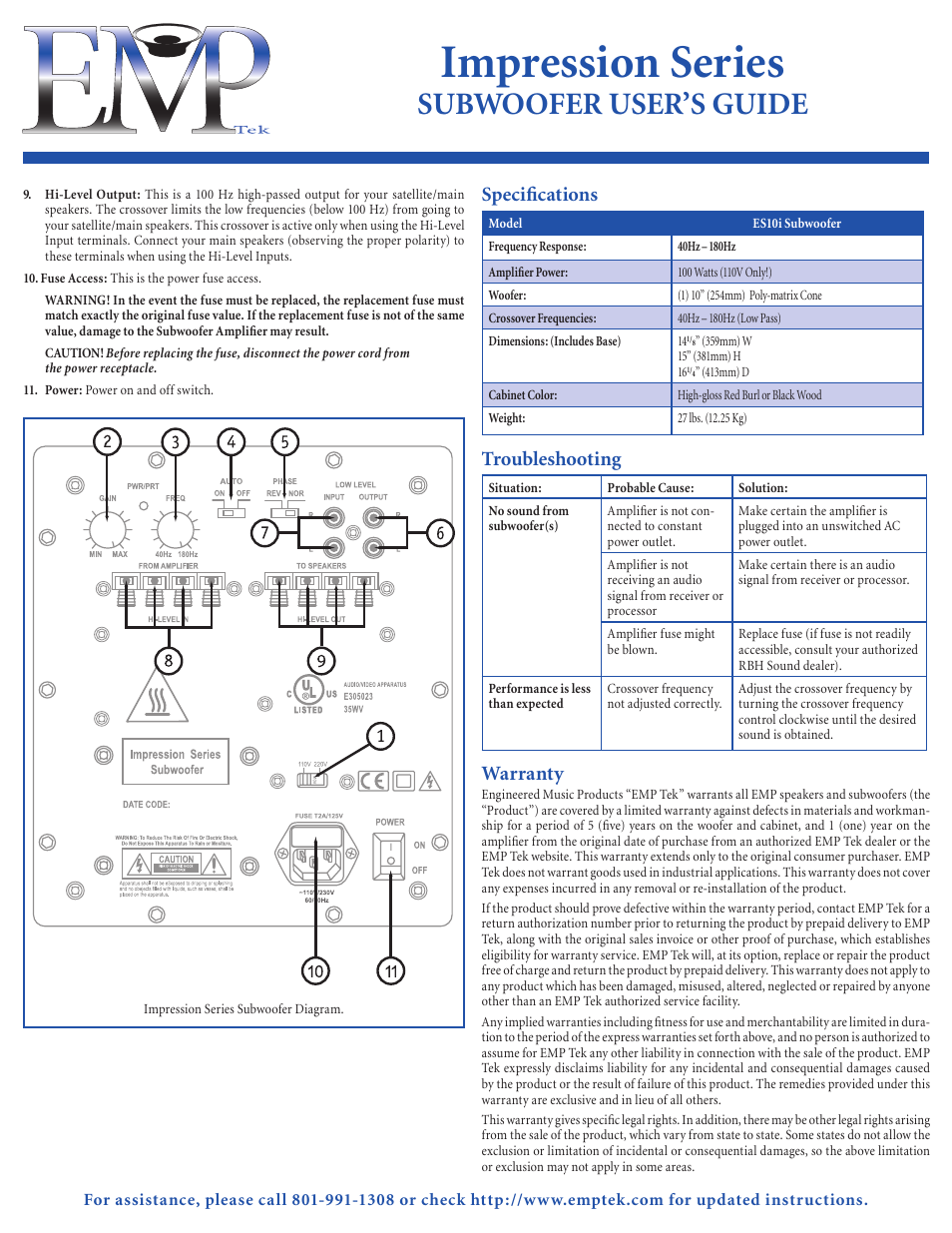 Impression series, Subwoofer user’s guide, Specifications | Troubleshooting, Warranty | EMP Tek Impressions Series Subwoofer User Manual | Page 2 / 2