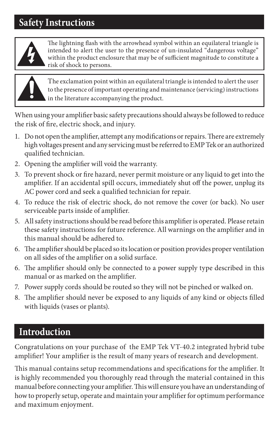 Safety instructions, Introduction | EMP Tek VT-40.2 User Manual | Page 2 / 12