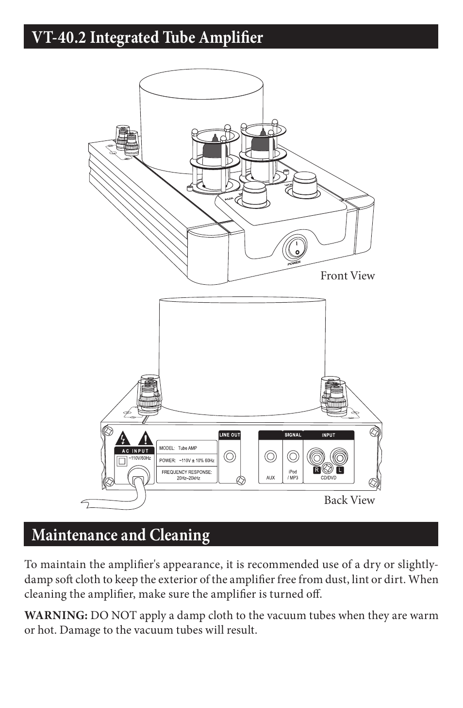 Vt-40.2 integrated tube amplifier, Maintenance and cleaning | EMP Tek VT-40.2 User Manual | Page 3 / 12