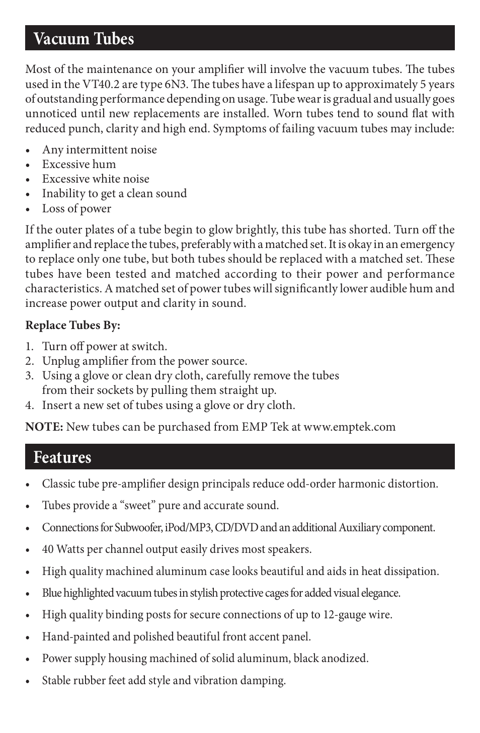 Vacuum tubes, Features | EMP Tek VT-40.2 User Manual | Page 4 / 12