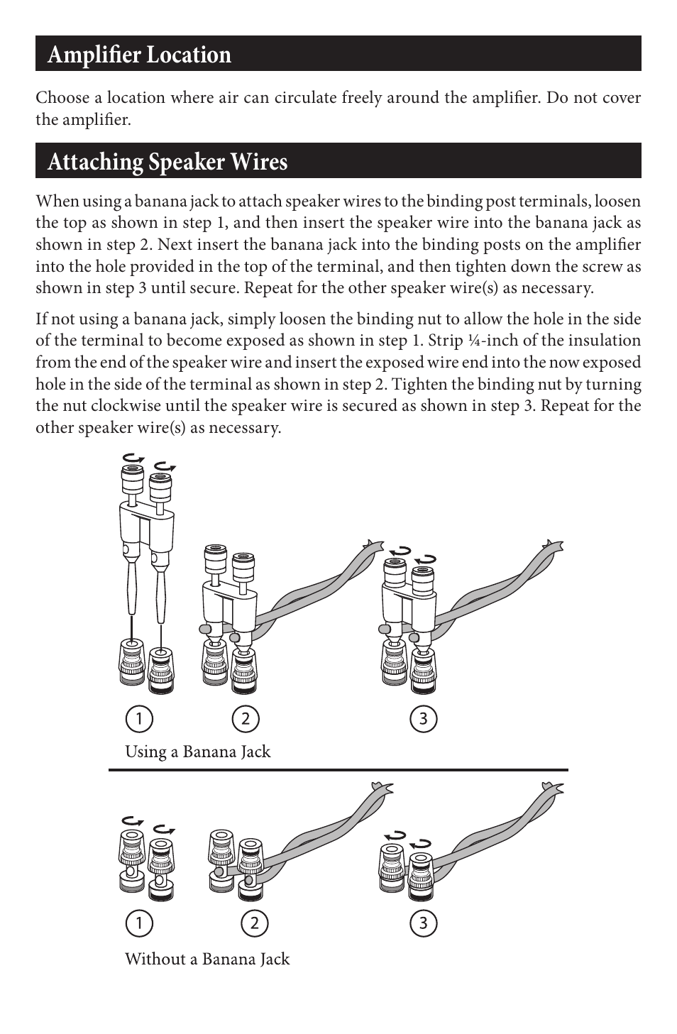 Amplifier location, Attaching speaker wires | EMP Tek VT-40.2 User Manual | Page 5 / 12