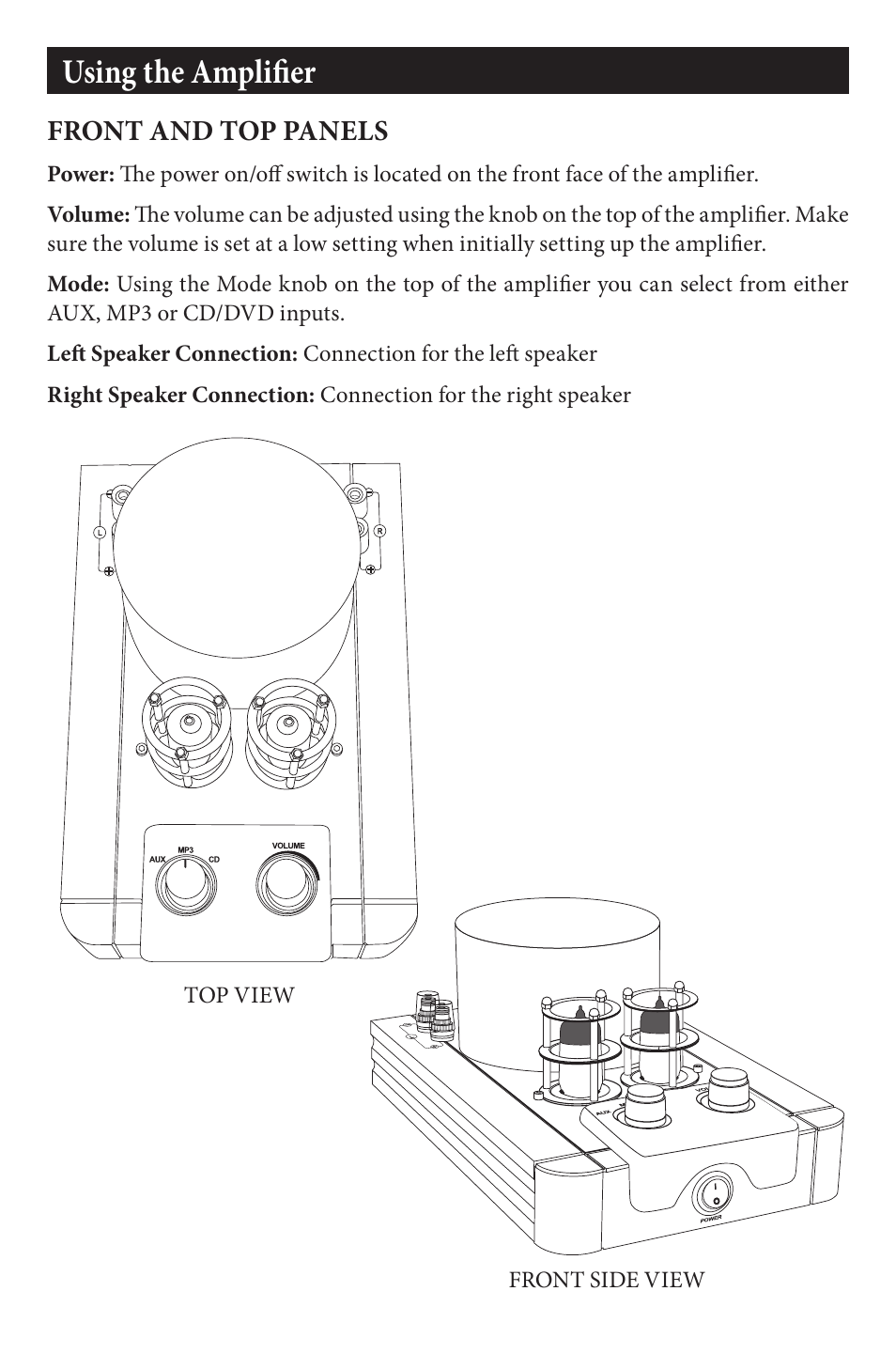 Using the amplifier, Front and top panels | EMP Tek VT-40.2 User Manual | Page 6 / 12
