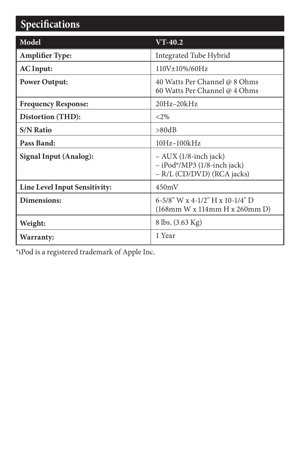 Specifications | EMP Tek VT-40.2 User Manual | Page 8 / 12