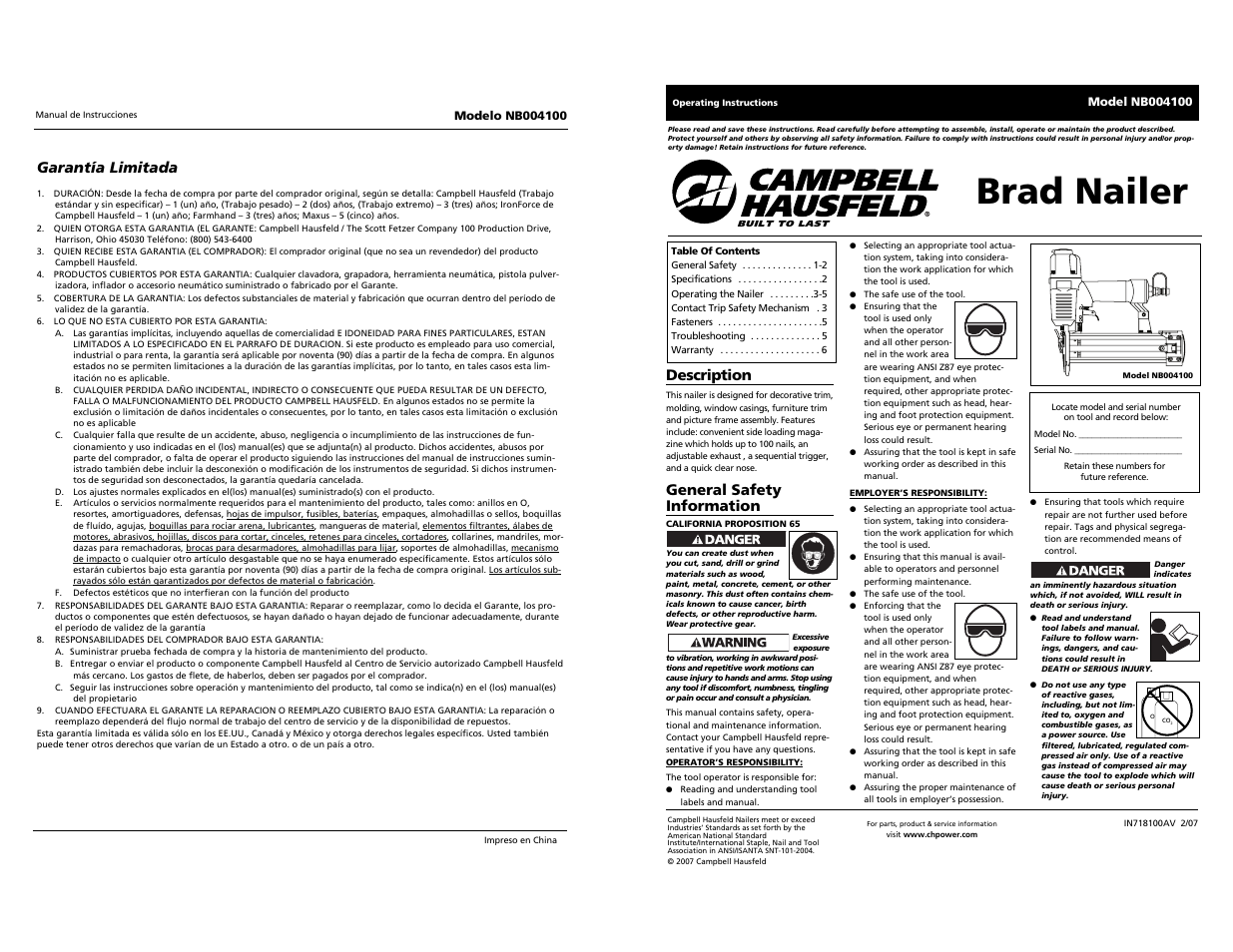 Campbell Hausfeld NB004100 User Manual | 10 pages