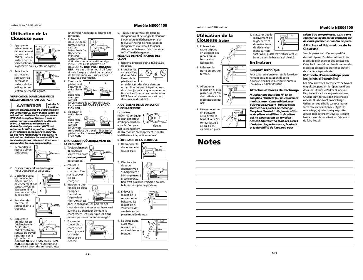 Entretien, Utilisation de la cloueuse | Campbell Hausfeld NB004100 User Manual | Page 10 / 10