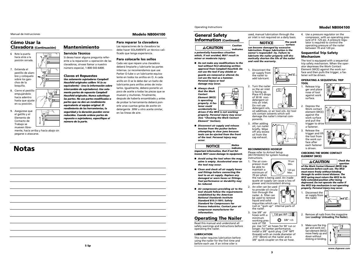 Notas, Operating the nailer, General safety information | Cómo usar la clavadora, Mantenimiento | Campbell Hausfeld NB004100 User Manual | Page 3 / 10