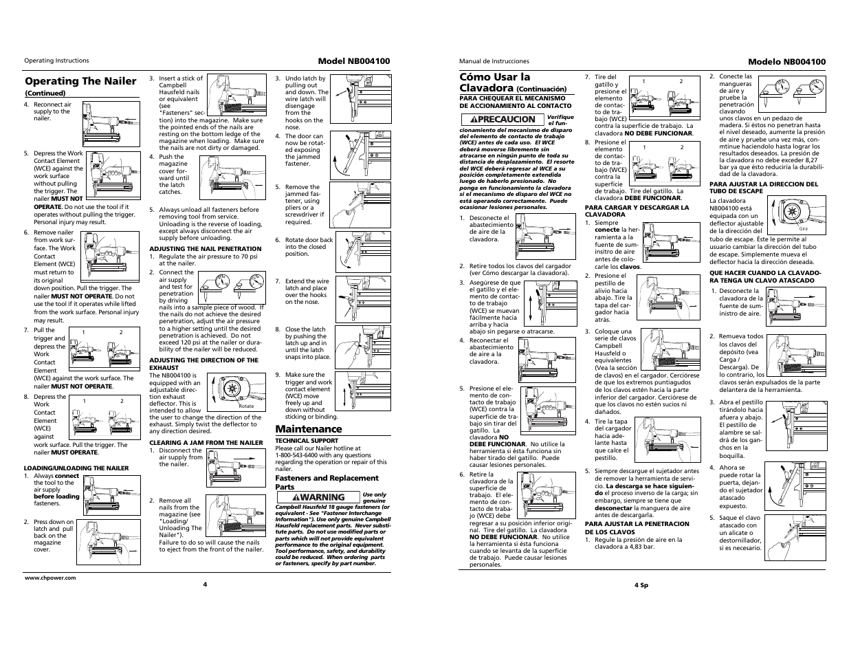 Maintenance, Operating the nailer, Cómo usar la clavadora | Campbell Hausfeld NB004100 User Manual | Page 4 / 10