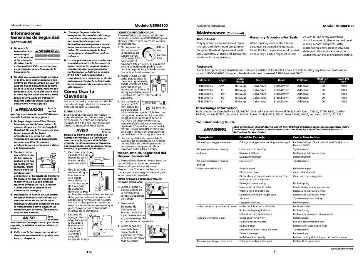 Cómo usar la clavadora, Maintenance | Campbell Hausfeld NB004100 User Manual | Page 5 / 10