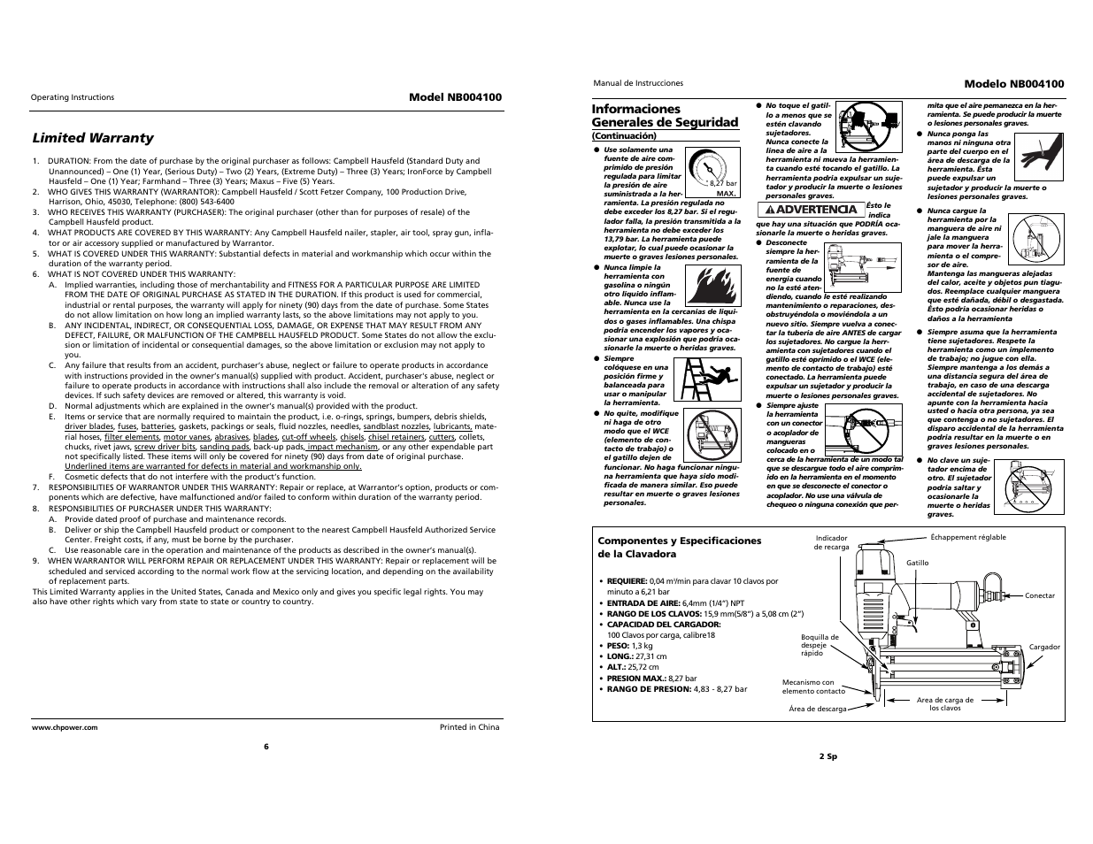 Campbell professional hausfeld, O i l, Limited warranty | Campbell Hausfeld NB004100 User Manual | Page 6 / 10