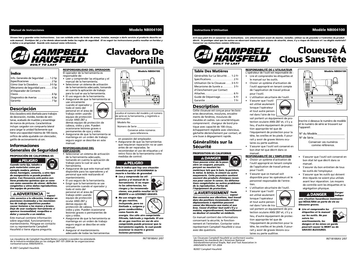 Cloueuse á clous sans tête, Clavadora de puntilla, Description | Généralités sur la sécurité, Descripción | Campbell Hausfeld NB004100 User Manual | Page 7 / 10