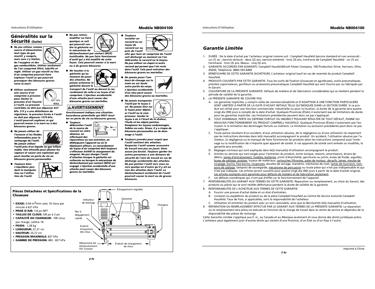 Campbell professional professional hausfeld, Garantie limitée, Généralités sur la sécurité | Campbell Hausfeld NB004100 User Manual | Page 8 / 10