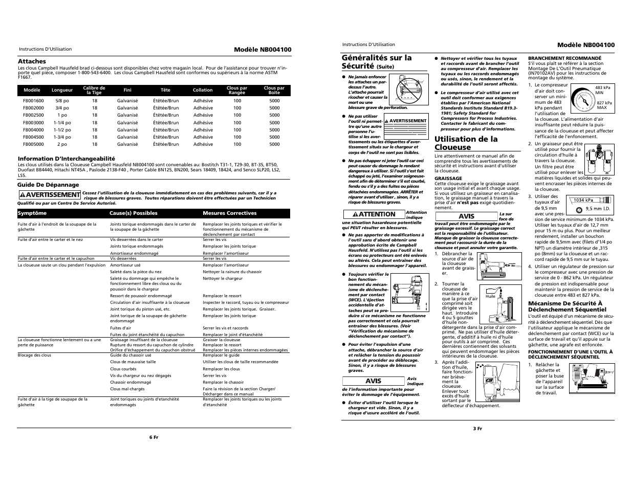 O i l, Utilisation de la cloueuse, Généralités sur la sécurité | Campbell Hausfeld NB004100 User Manual | Page 9 / 10