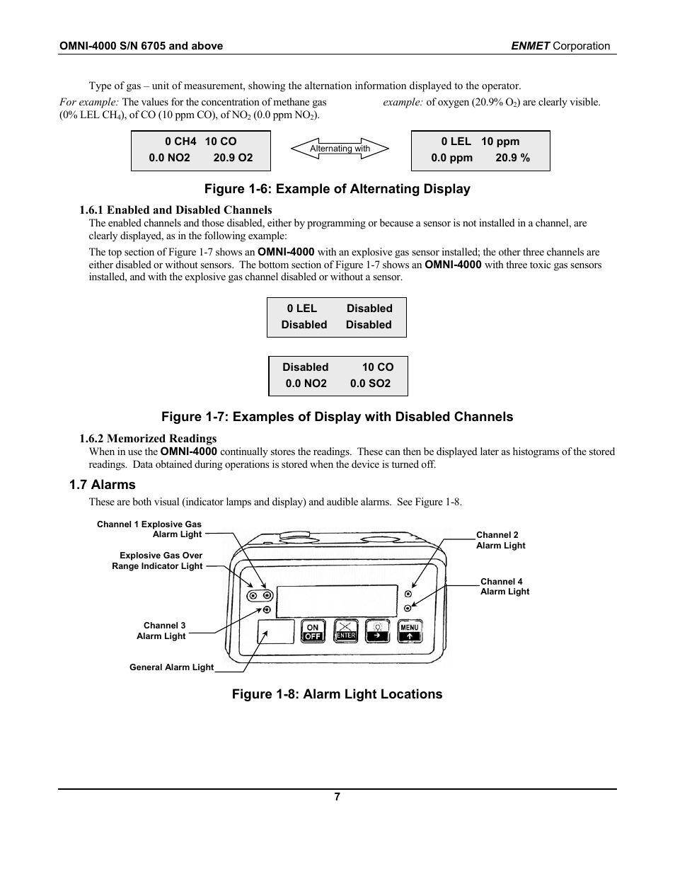 Figure 1-6: example of alternating display, 7 alarms, Figure 1-8: alarm light locations | ENMET OMNI-4000 User Manual | Page 13 / 72