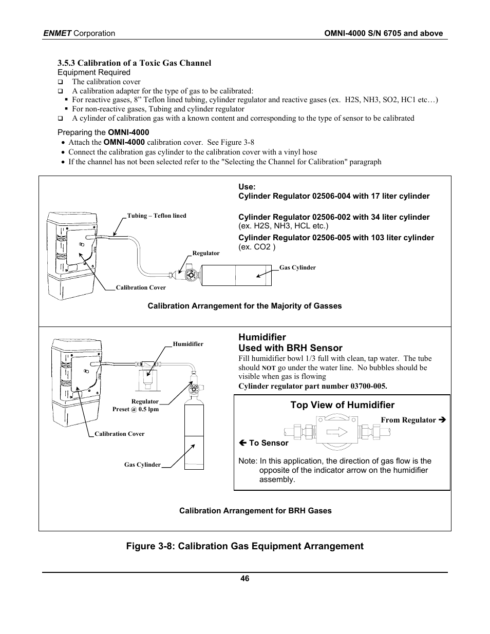 Humidifier used with brh sensor, Top view of humidifier, Figure 3-8: calibration gas equipment arrangement | ENMET OMNI-4000 User Manual | Page 52 / 72
