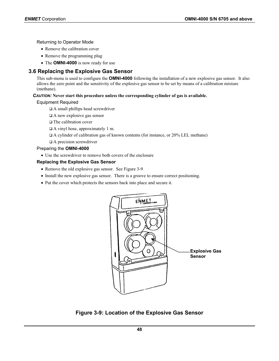 6 replacing the explosive gas sensor, Figure 3-9: location of the explosive gas sensor | ENMET OMNI-4000 User Manual | Page 54 / 72