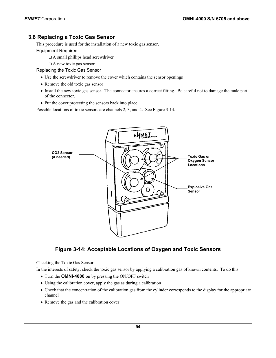 8 replacing a toxic gas sensor | ENMET OMNI-4000 User Manual | Page 60 / 72