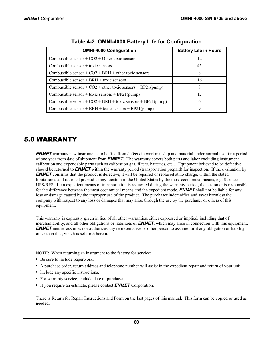 0 warranty | ENMET OMNI-4000 User Manual | Page 66 / 72