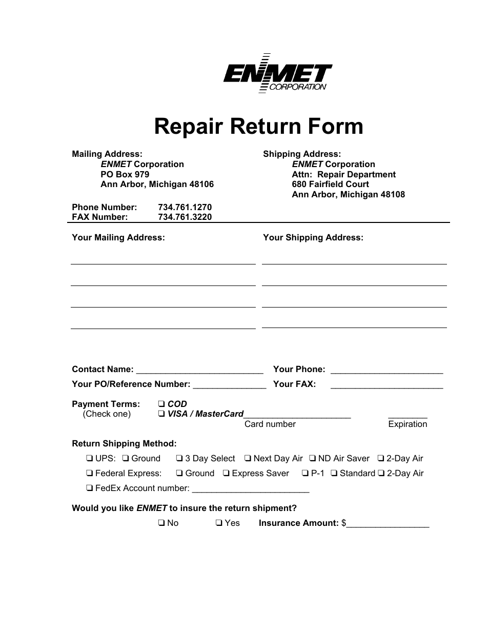 Repair return form | ENMET OMNI-4000 User Manual | Page 71 / 72