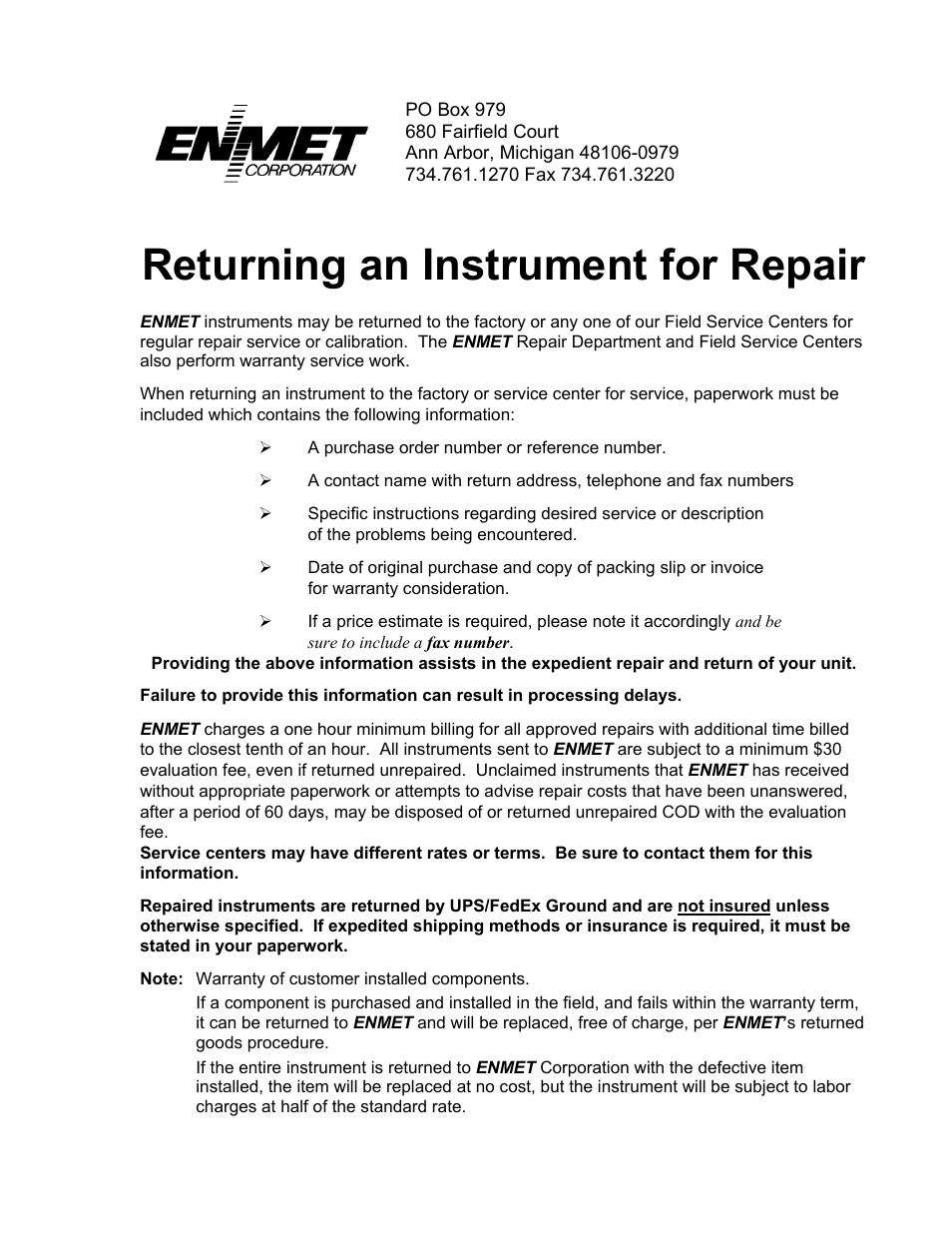 Returning an instrument for repair | ENMET QUADRANT User Manual | Page 23 / 26