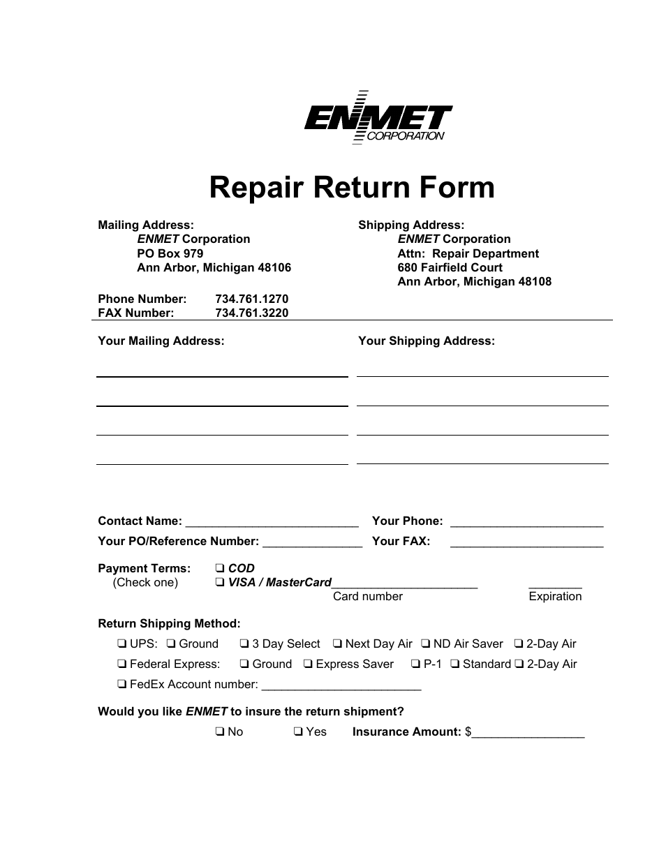 Repair return form | ENMET QUADRANT User Manual | Page 25 / 26