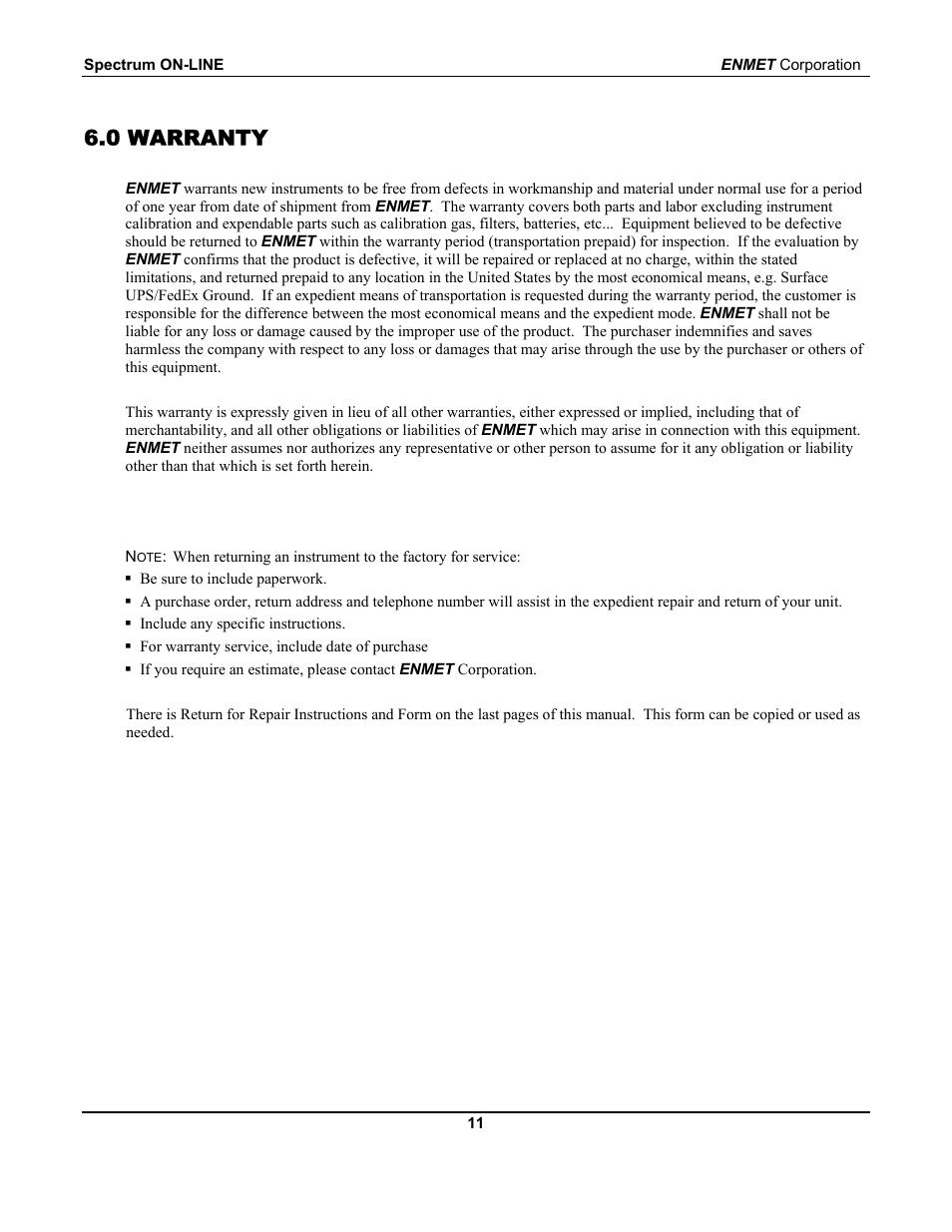 0 warranty | ENMET SPECTRUM ON-LINE User Manual | Page 15 / 30