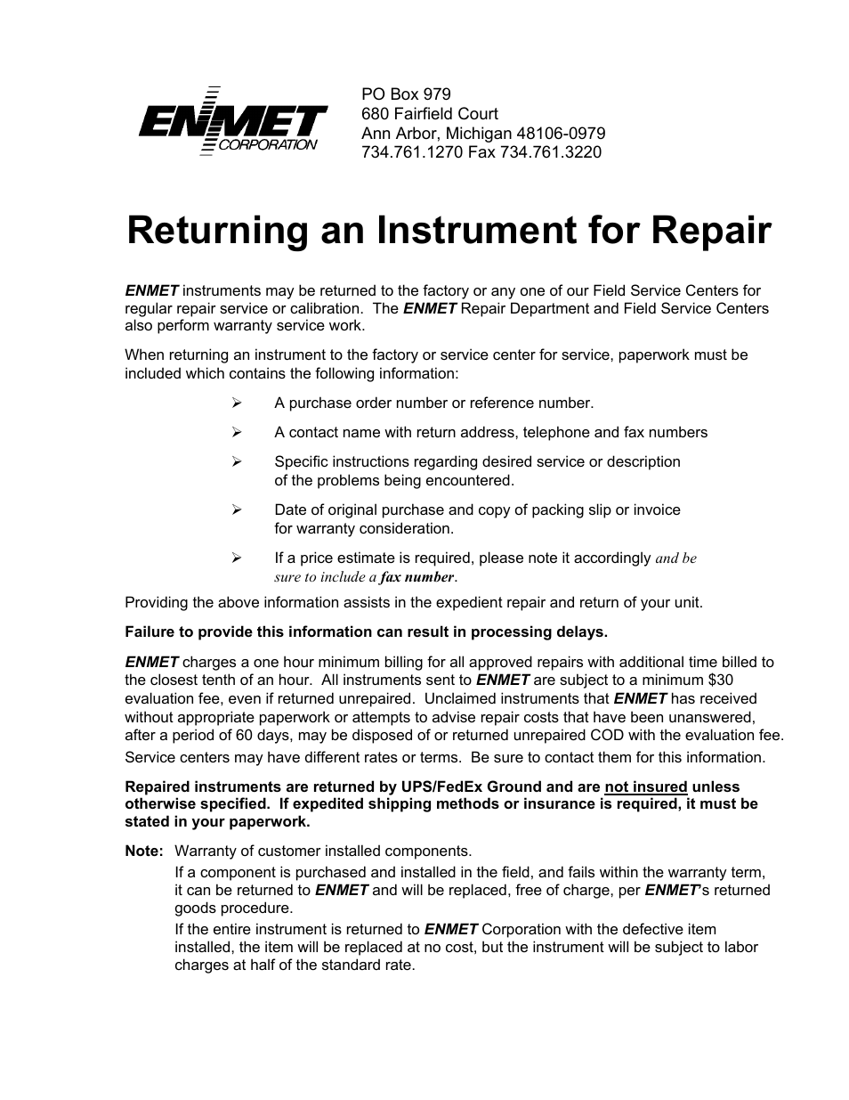 Returning an instrument for repair | ENMET SPECTRUM ON-LINE User Manual | Page 27 / 30