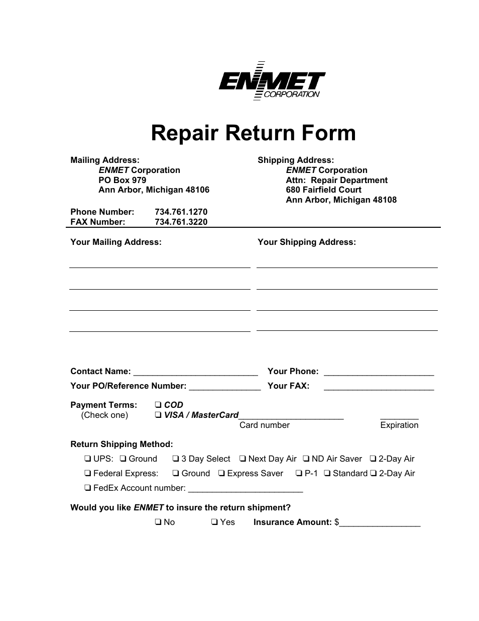 Repair return form | ENMET SPECTRUM ON-LINE User Manual | Page 29 / 30