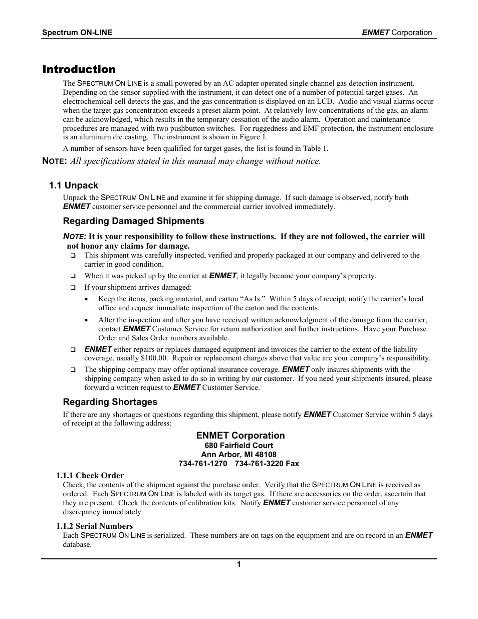 Introduction, Regarding damaged shipments, Regarding shortages | Enmet corporation | ENMET SPECTRUM ON-LINE User Manual | Page 5 / 30