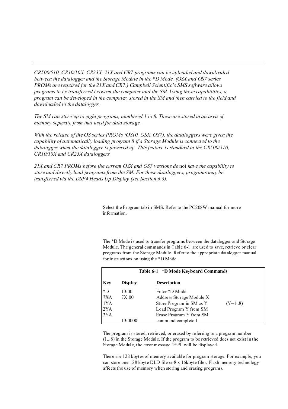 Section 6. storing and retrieving, Datalogger programs -1, 1 sms storage module support software | 2 *d mode — with datalogger | Campbell Hausfeld SM4M User Manual | Page 29 / 39