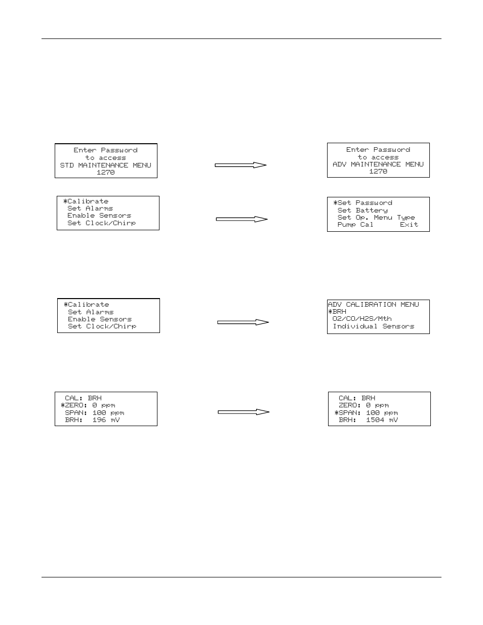 4 advanced maintenance menu, software 4.94 version, Example: display of advanced maintenance menu, Example: display of advanced calibration menu | Example: display of brh calibration | ENMET TARGET User Manual | Page 18 / 36