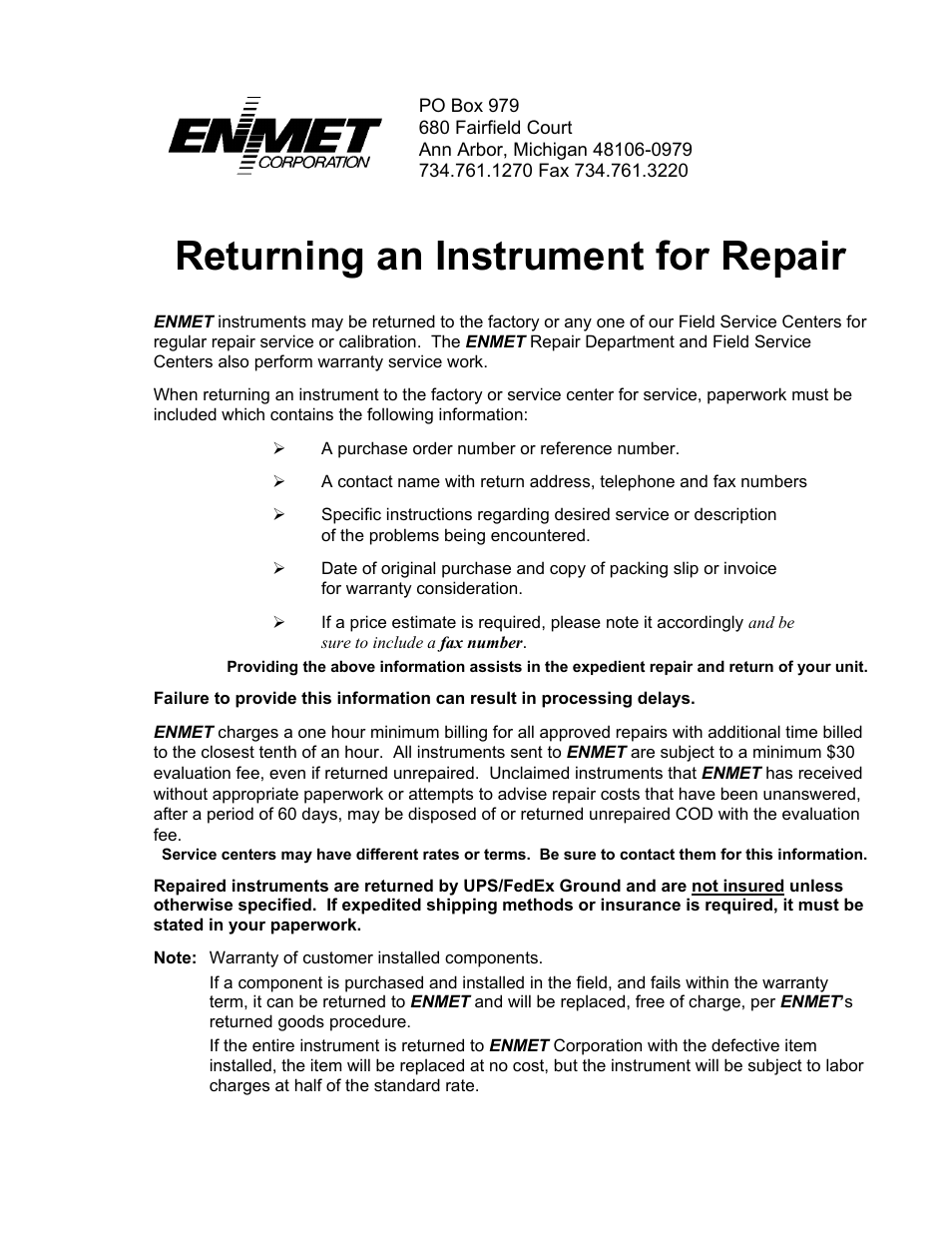 Returning an instrument for repair | ENMET OX-2000 User Manual | Page 21 / 24