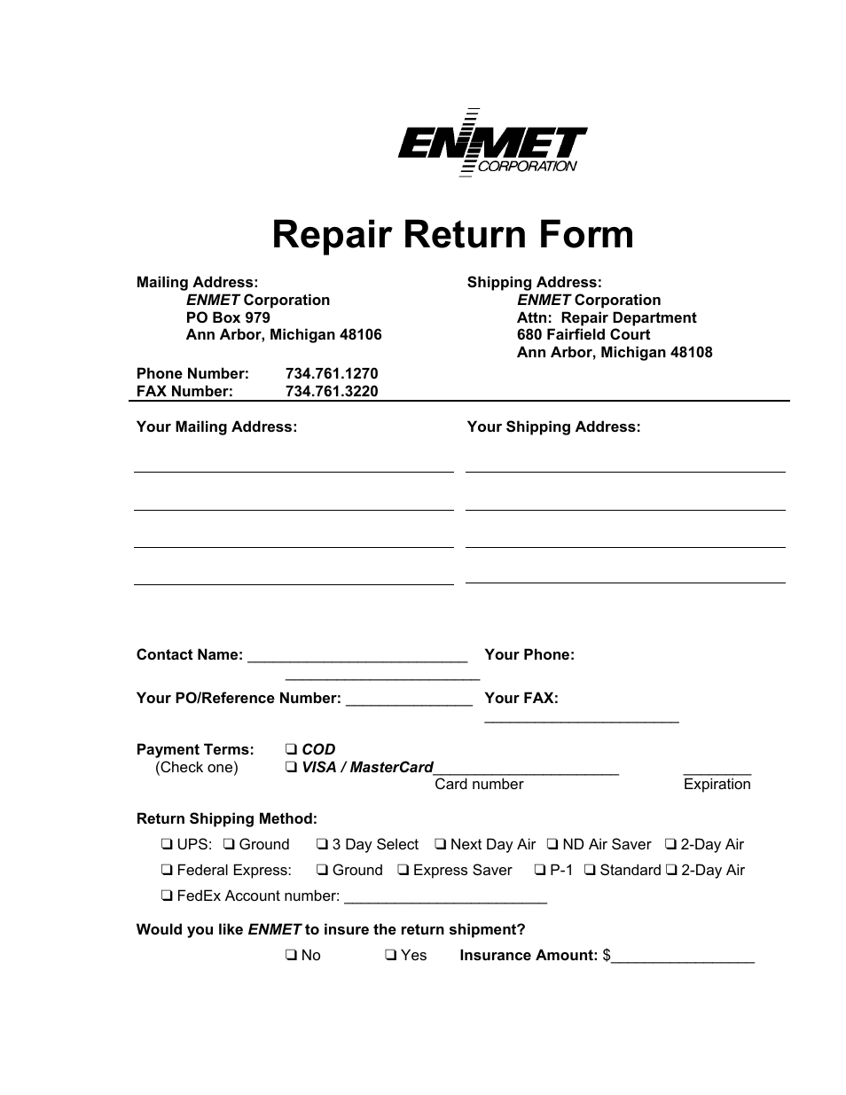 Repair return form | ENMET OX-2000 User Manual | Page 23 / 24