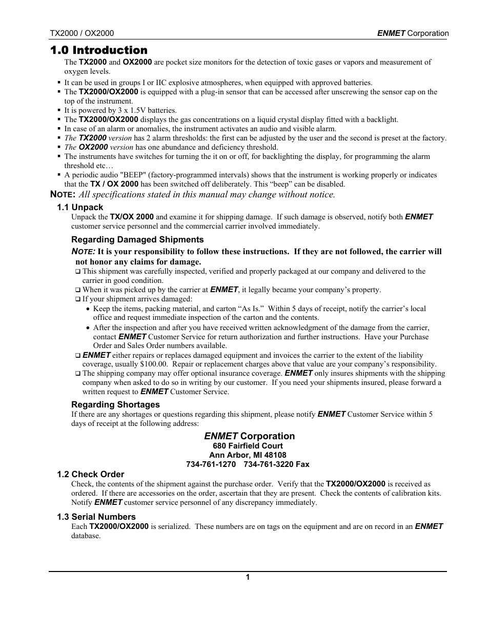 0 introduction | ENMET OX-2000 User Manual | Page 5 / 24