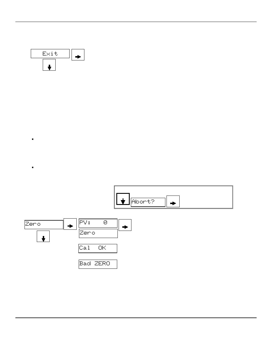 Exit, Zero cal ok, Bad zero | Pv: 0, Zero, Abort | ENMET AM-5150 User Manual | Page 15 / 23