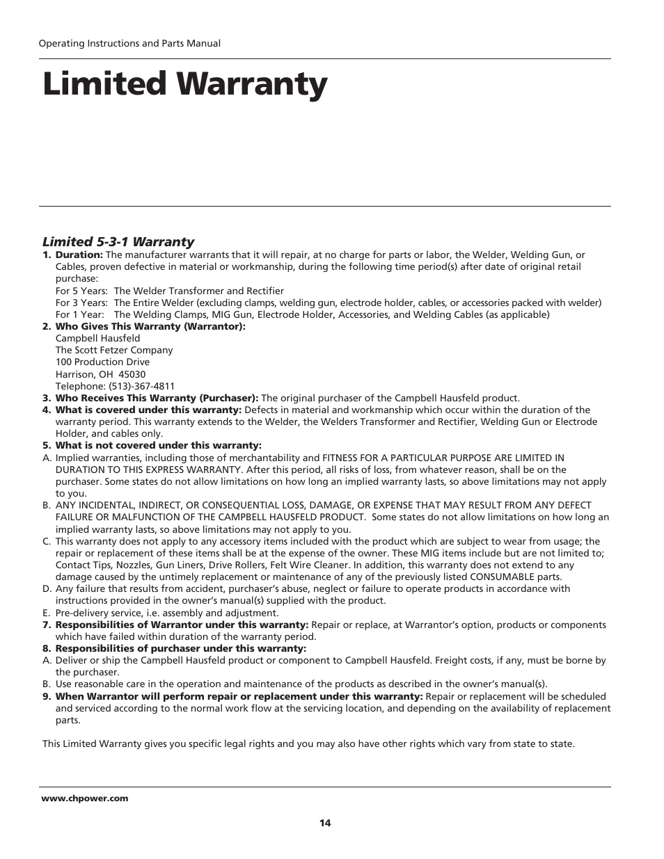 Limited warranty | Campbell Hausfeld WG2040 User Manual | Page 14 / 44