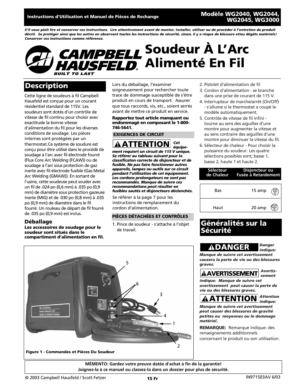 Soudeur à l’arc alimenté en fil, Attention, Danger | Description, Généralités sur la sécurité, Avertissement | Campbell Hausfeld WG2040 User Manual | Page 15 / 44